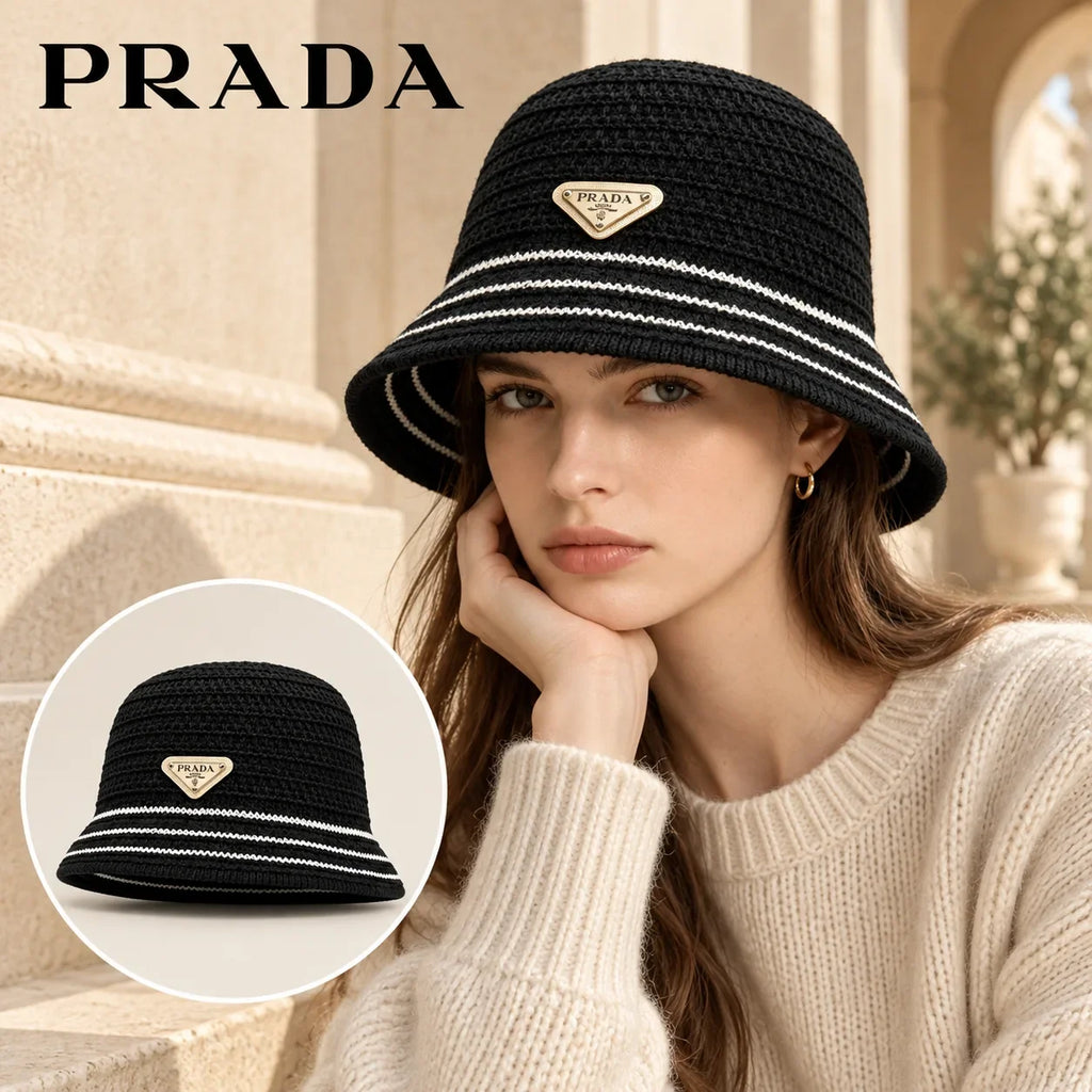 Prada Prada Knit Bucket Hat worn by a Western model with product detail inset