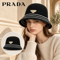 Prada Prada Knit Bucket Hat worn by a Western model with product detail inset