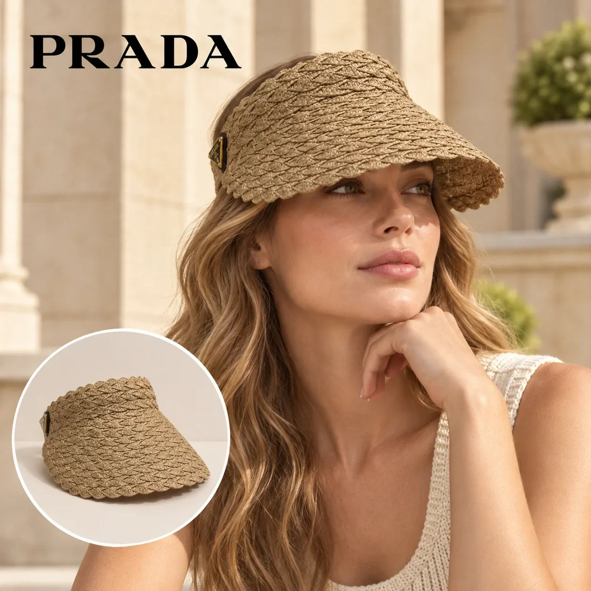 Prada Prada Visor worn by a Western model with product detail inset