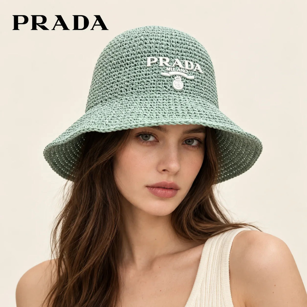 Model wearing prada woven open knit bucket hat on head