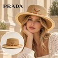 Prada Prada Woven Open Knit Hat worn by a Western model with product detail inset
