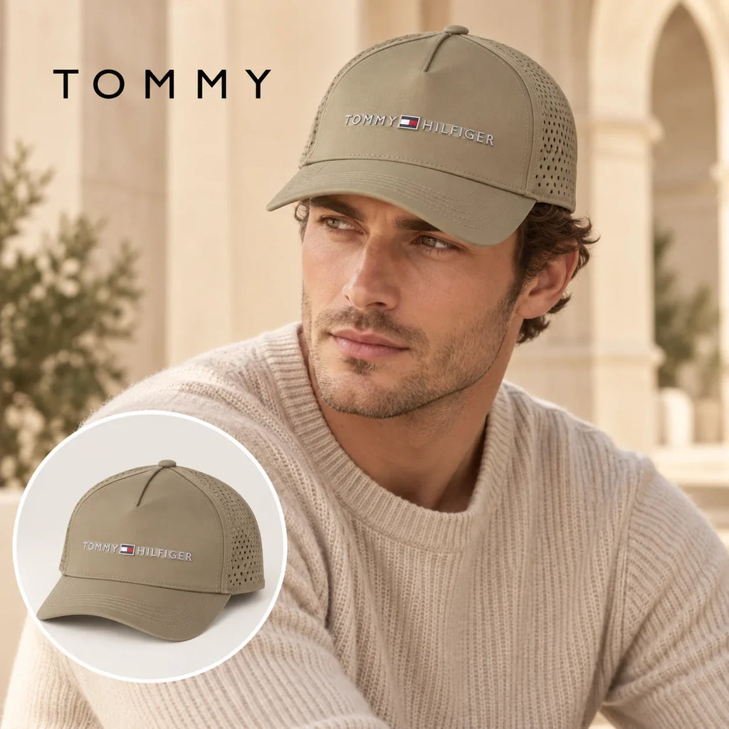 Tommy Tommy Baseball Cap worn by a Western model with product detail inset