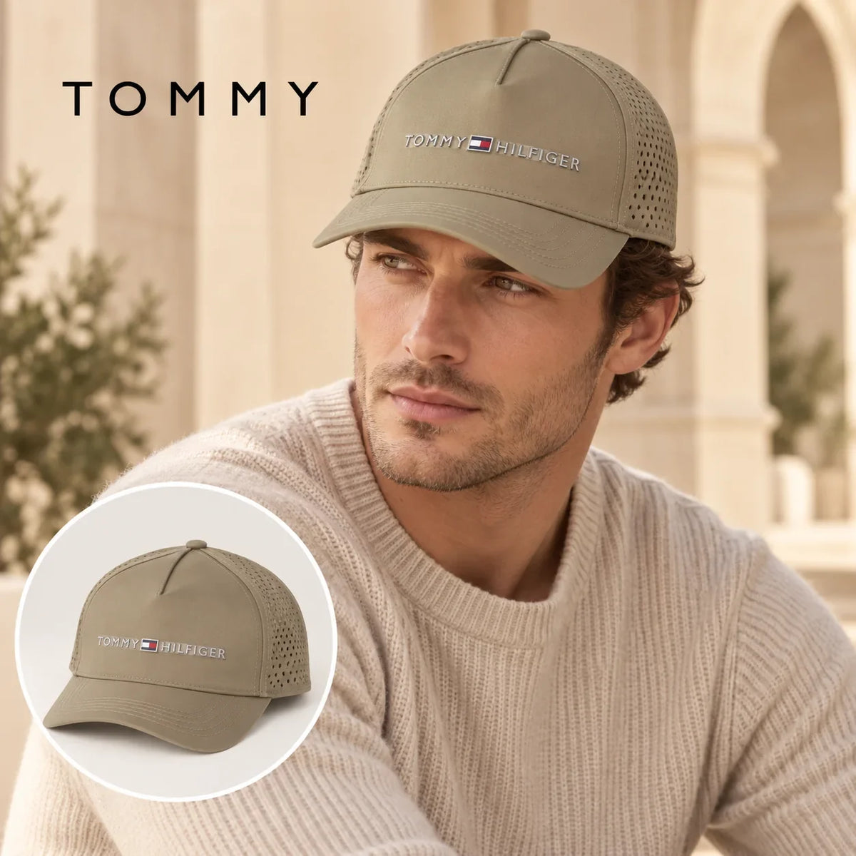 Tommy Tommy Baseball Cap worn by a Western model with product detail inset